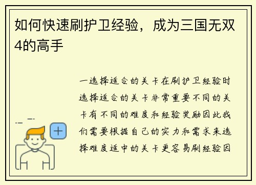 如何快速刷护卫经验，成为三国无双4的高手